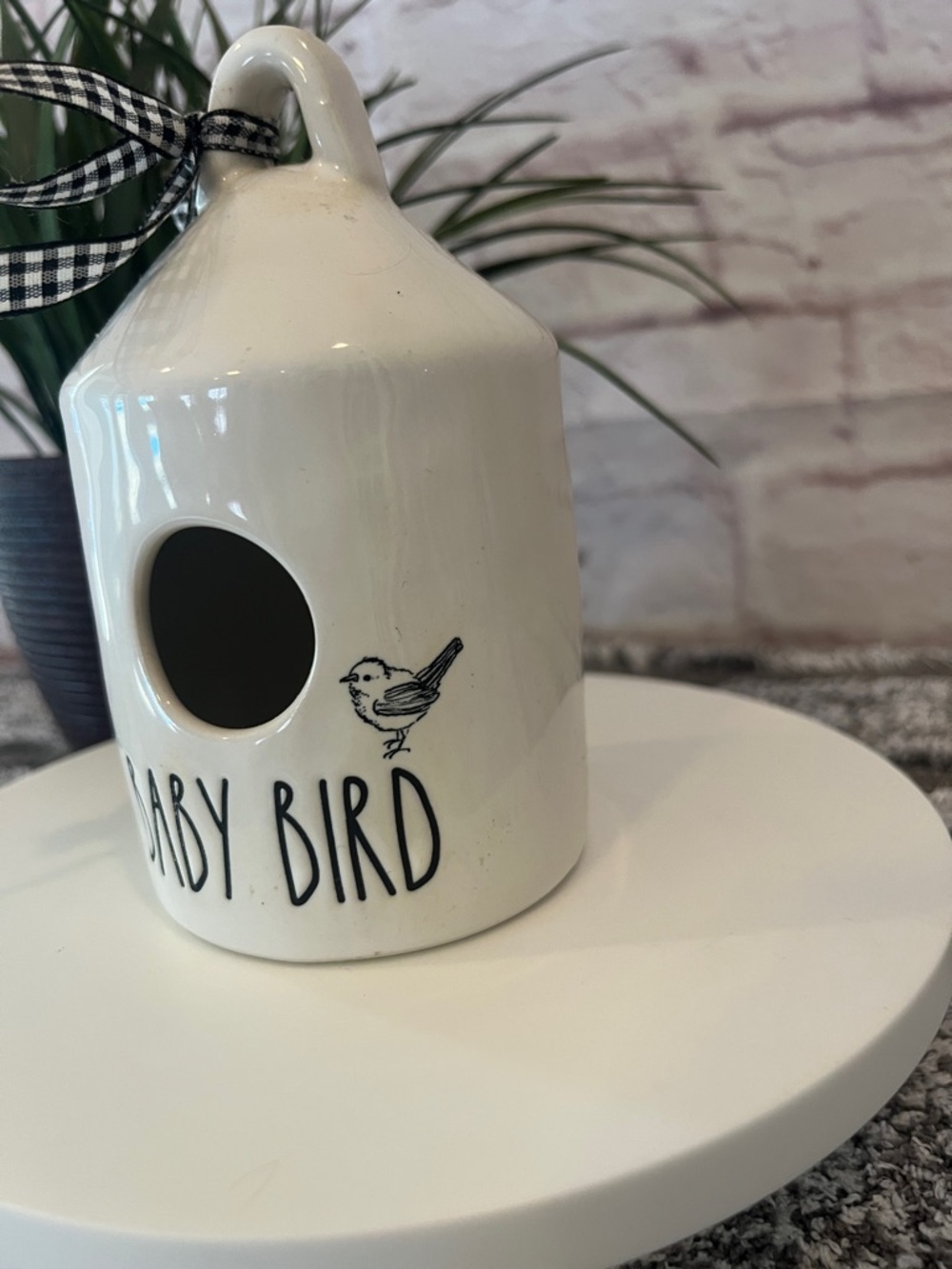 RAE DUNN Cream 'Baby Bird' Ceramic Birdhouse with Gingham Bow - Picture 2 of 5